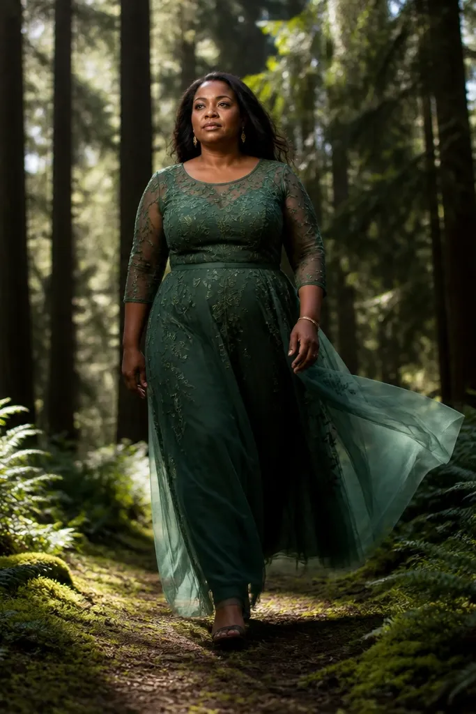 Forest green embroidered tulle A-line dress outdoors under trees