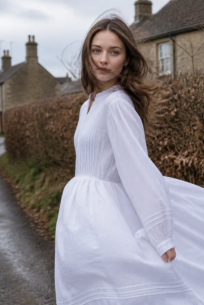White cotton voile peasant dress with pintuck details outdoors in soft daylight