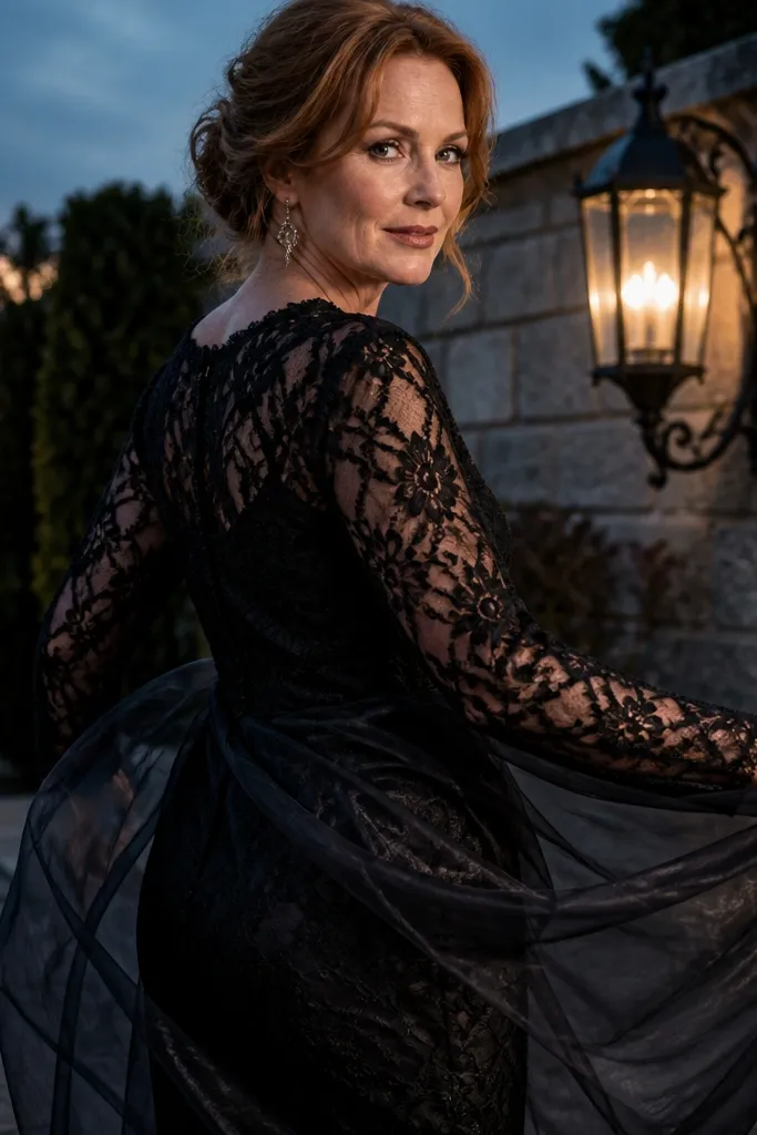 Black lace column dress with sheer organza overskirt outdoors at nightfall