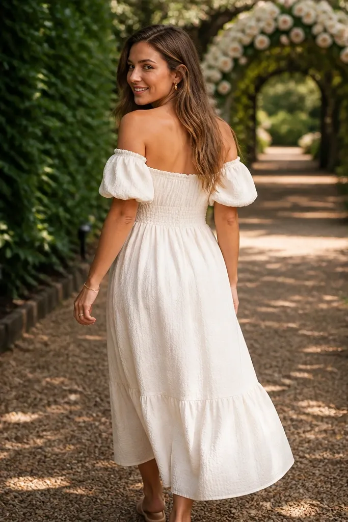 Ivory off-shoulder sundress with smocked waist outdoors on a walkway