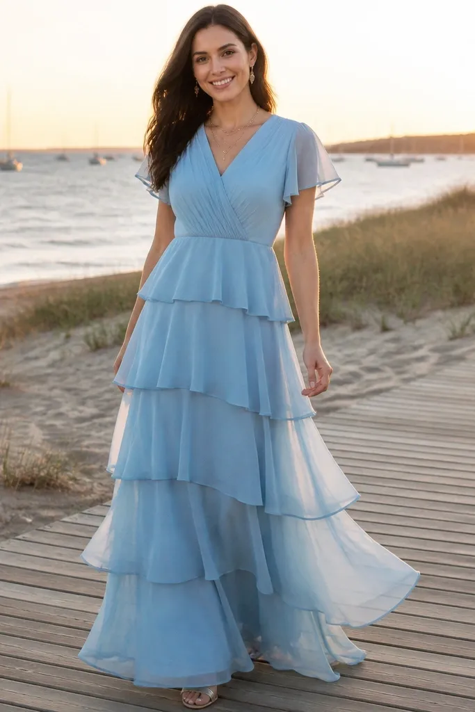 Powder blue chiffon tiered maxi with flutter sleeves outdoors near water