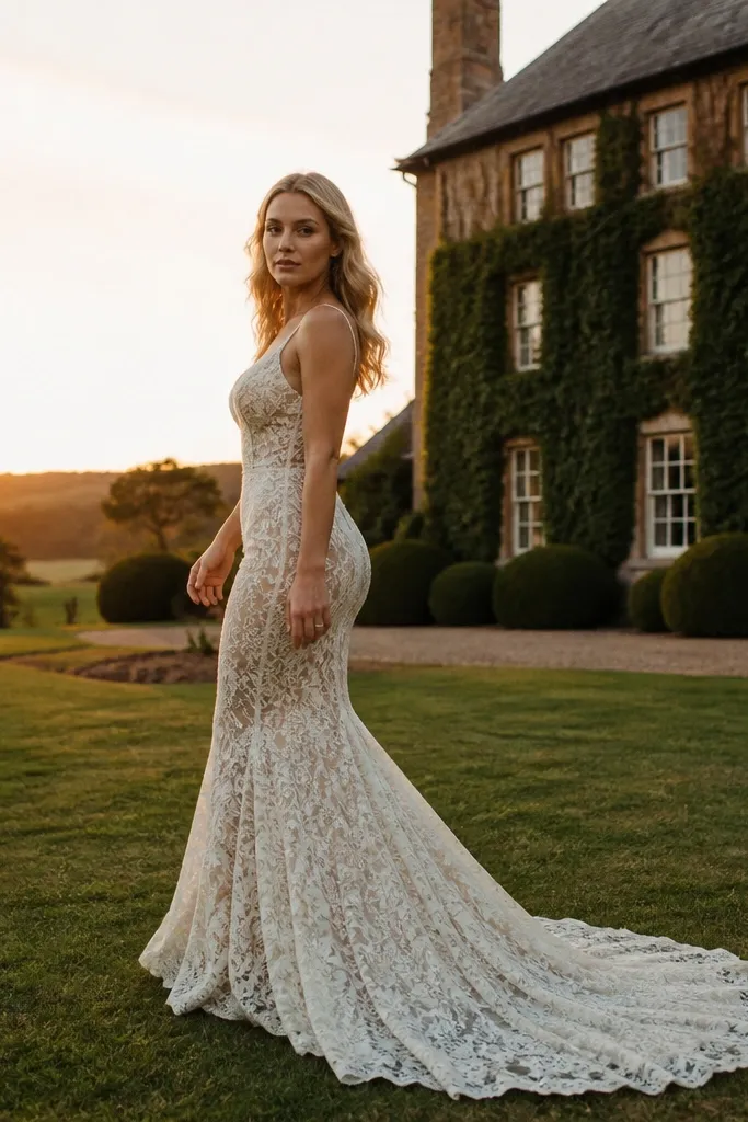 Champagne lace mermaid dress with soft sweep train outdoors on a garden path