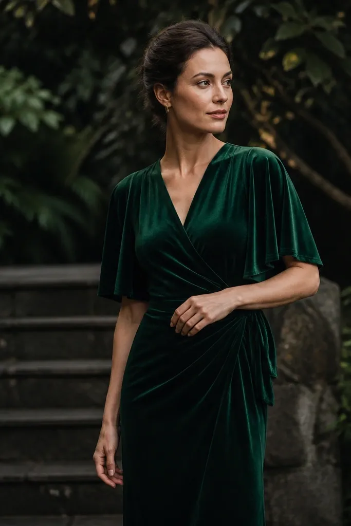 Emerald velvet wrap midi dress with short cape sleeves outdoors near trees