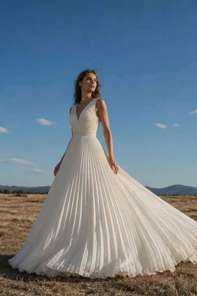 Ivory tulle ballgown with micro-pleated skirt outdoors in open field