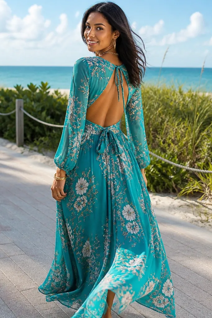 Teal floral chiffon maxi with open back outdoors near beach grass