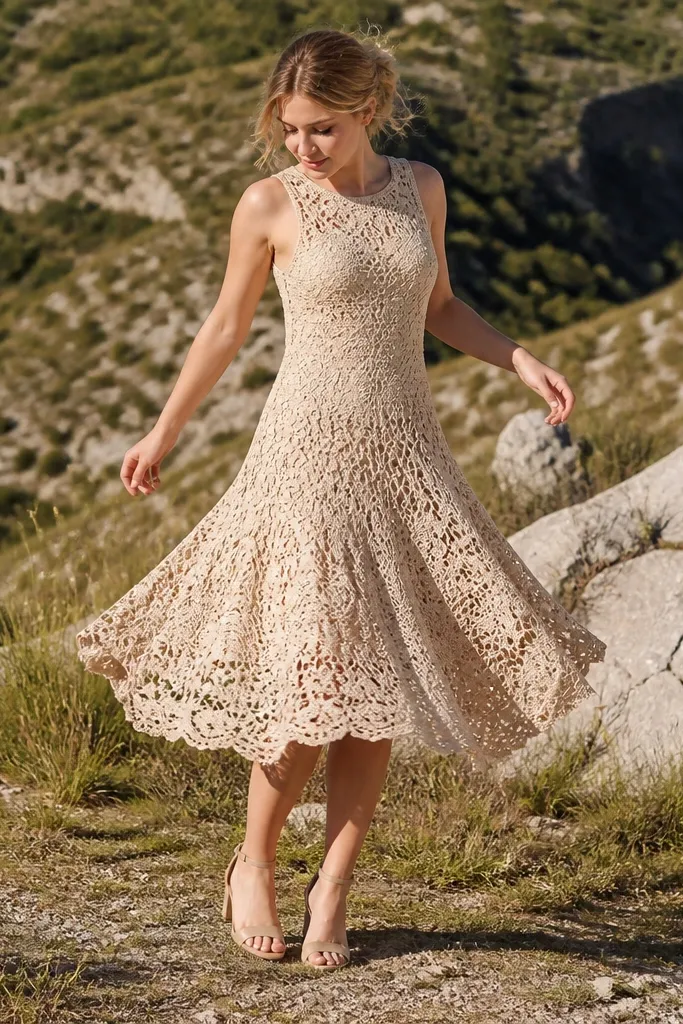Sand beige crochet lace midi with swing skirt outdoors on a sunny path