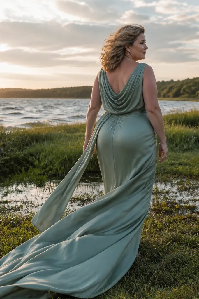 Sage green silk dress with draped back and long soft trail