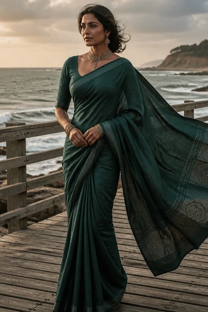Deep teal saree with a heavier pallu and matching fitted blouse