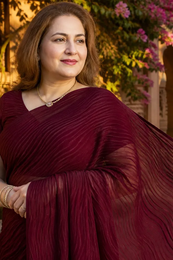 Maroon georgette saree with soft folds and subtle sheen