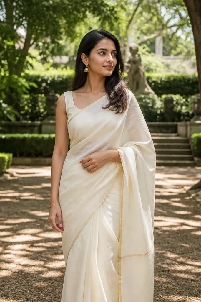 Ivory silk saree with a slim gold border and matching blouse