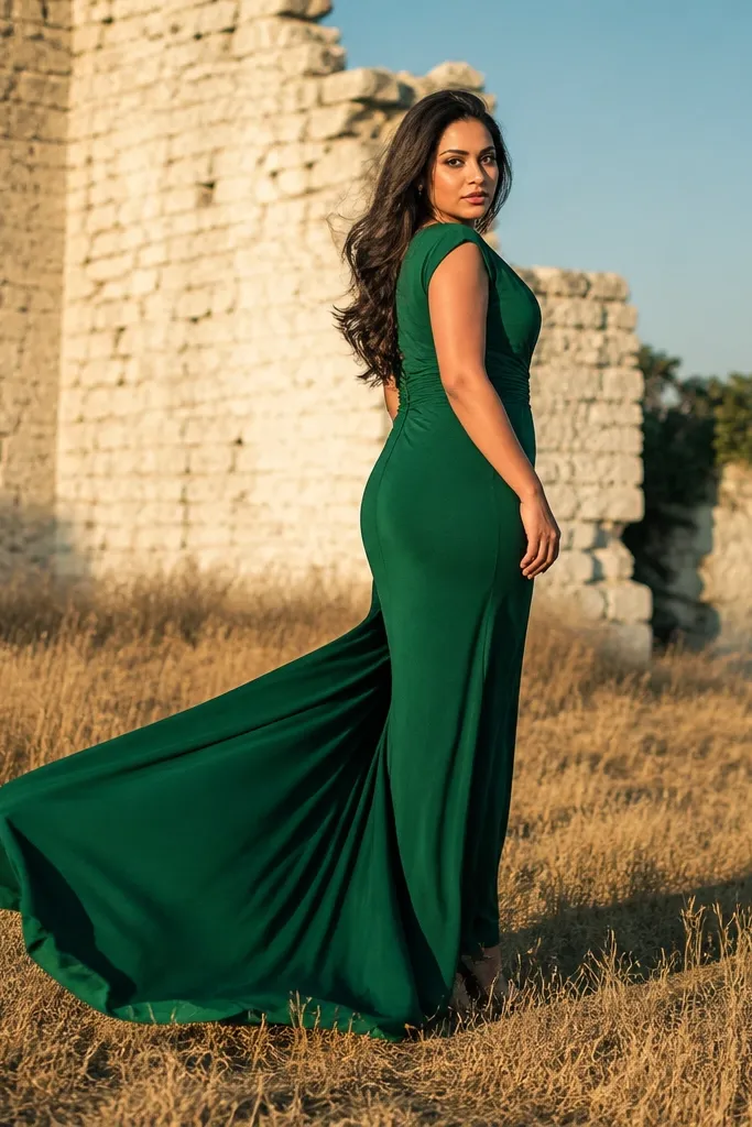 Forest green crepe gown with a defined waist and short train