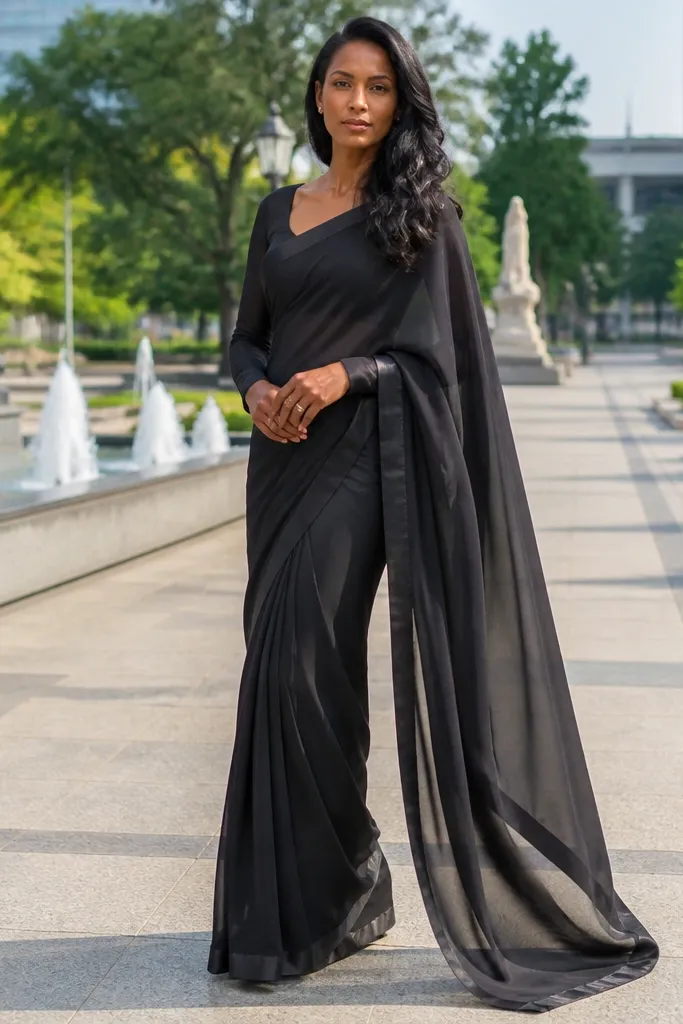 Black georgette saree with a matte border and dark blouse