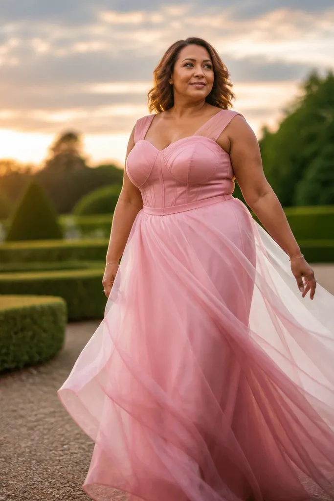 Rose pink organza gown with structured bodice and controlled skirt
