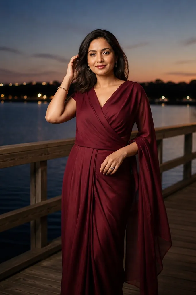 Wine wrap neckline drape dress with saree-like fabric fall