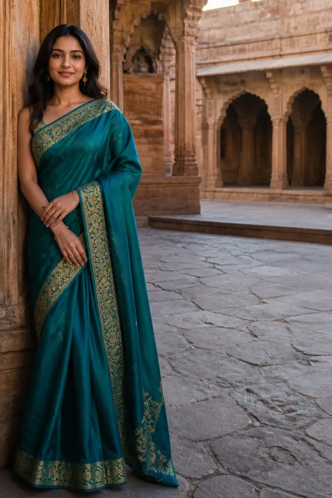 Teal silk saree with a gold thread border and matching blouse