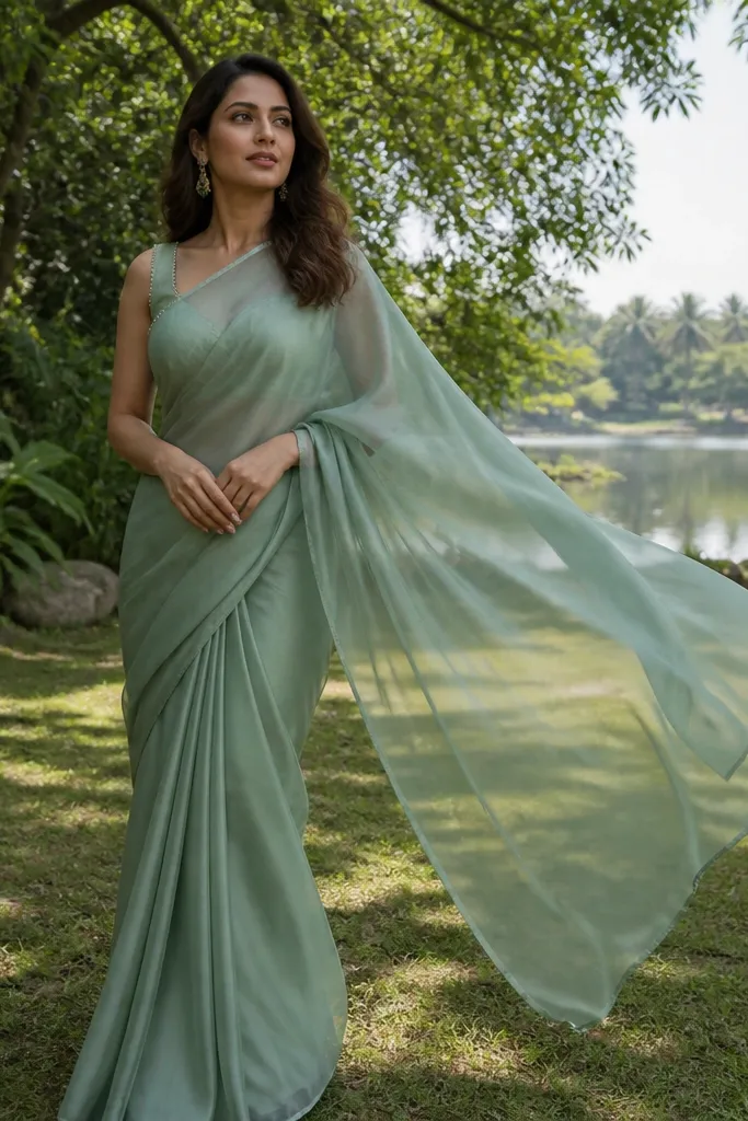 Sage green chiffon saree over a satin underskirt with soft drape