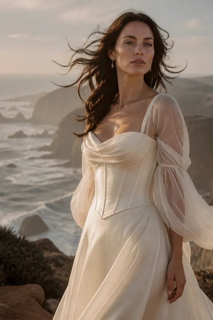 Ivory gown with structured corset bodice and organza sleeve overlay