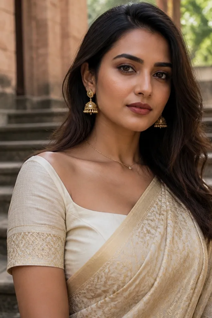 Traditional saree with a modern fitted blouse and clean neckline