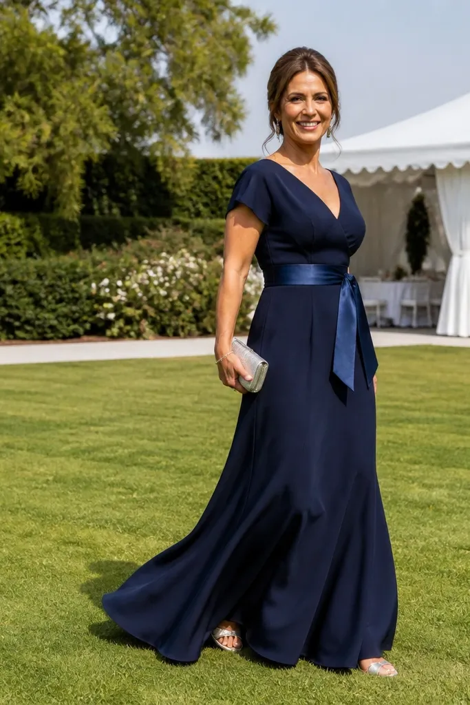 Dark navy gown with a satin belt and short train