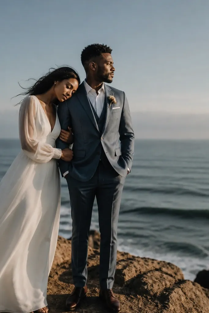 Couple walking along a cliff edge with ocean and open sky behind