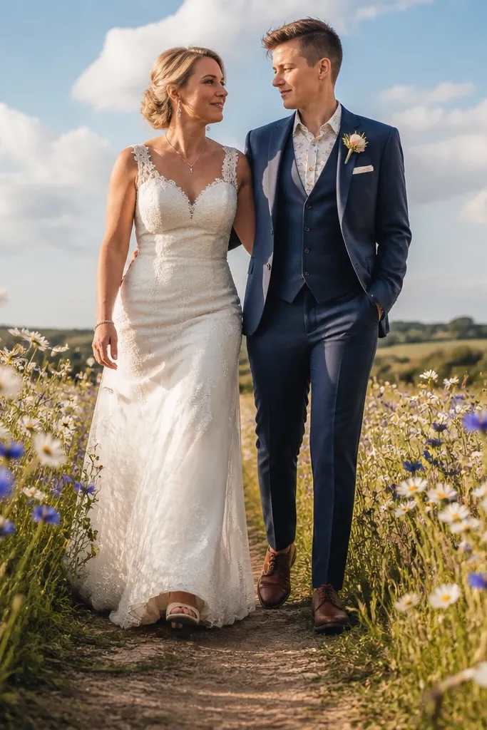 Couple standing on a narrow path through tall wildflowers