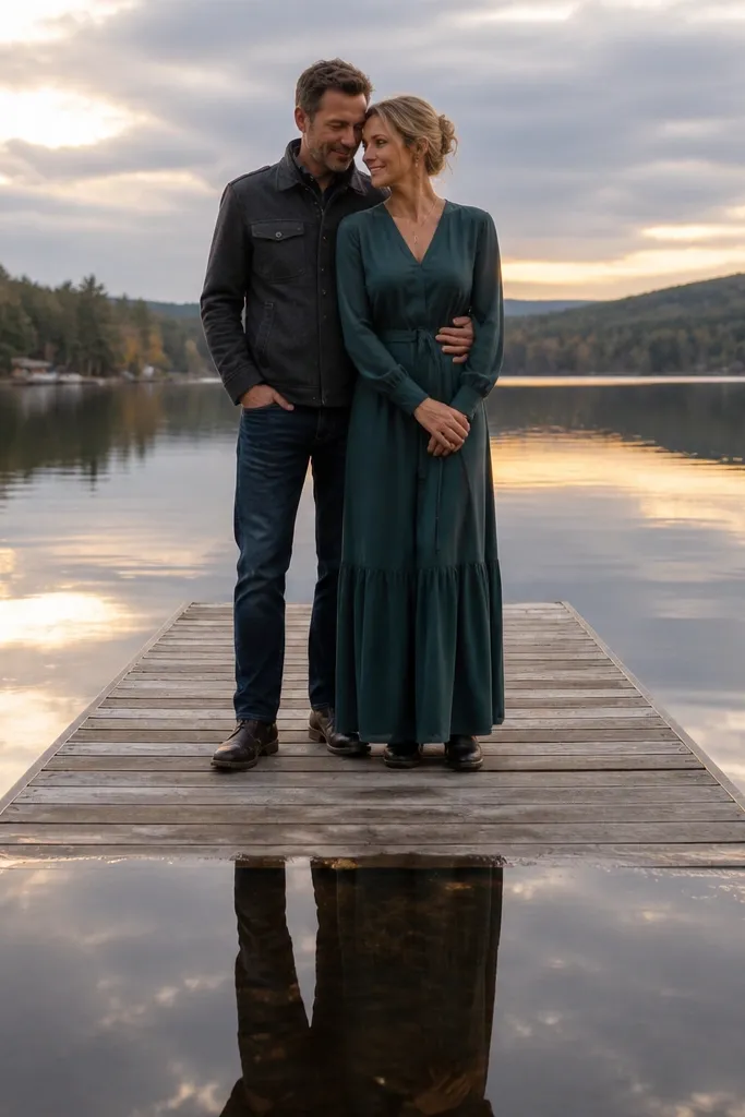 Couple holding hands on a wooden dock with lake reflections