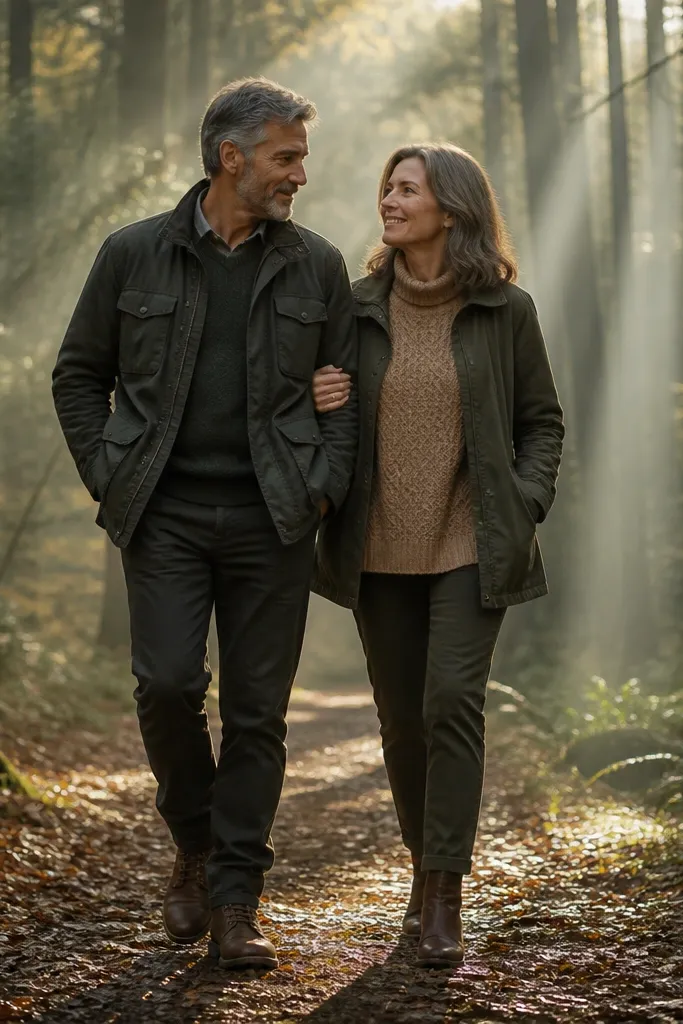 Couple walking along a shaded forest path with sun rays overhead