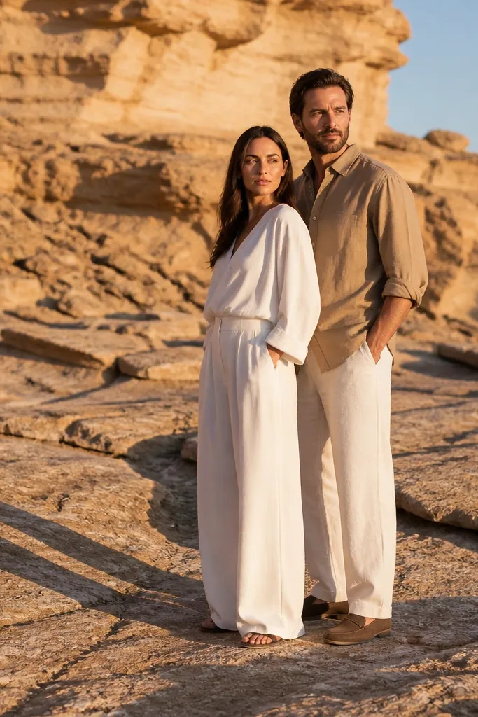 Couple standing on sandy ground near pale rock with long shadows