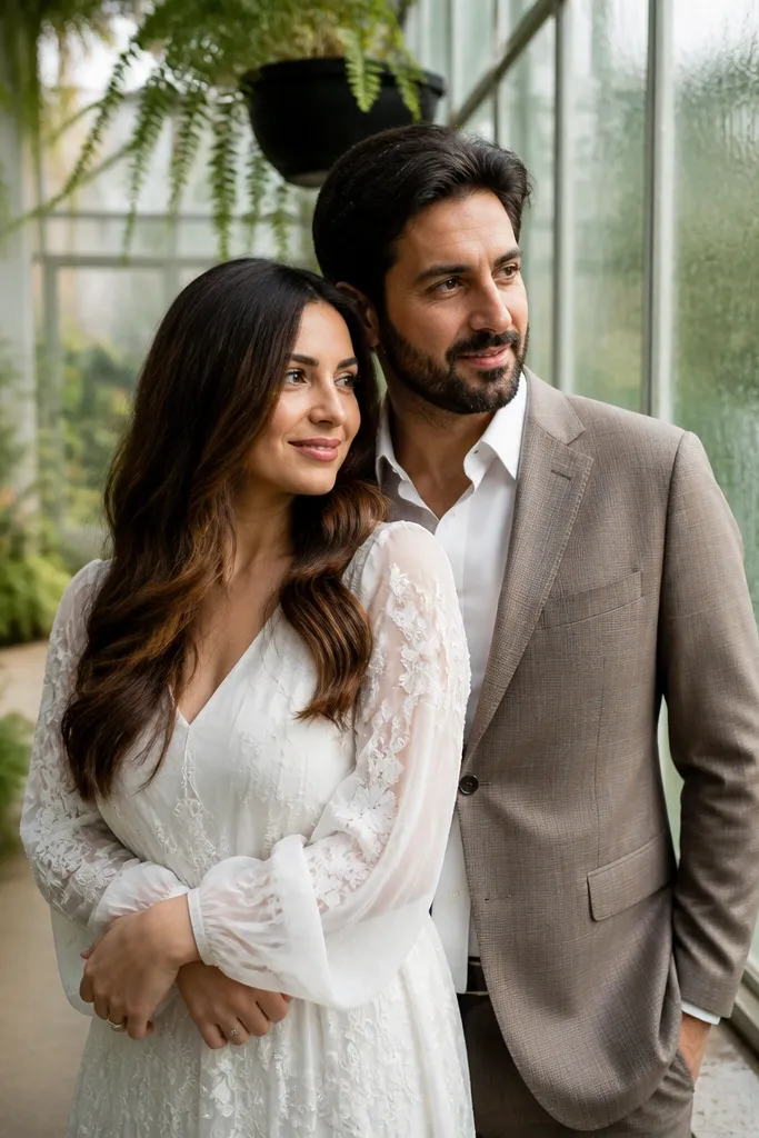 Couple near greenhouse glass with soft light and greenery behind