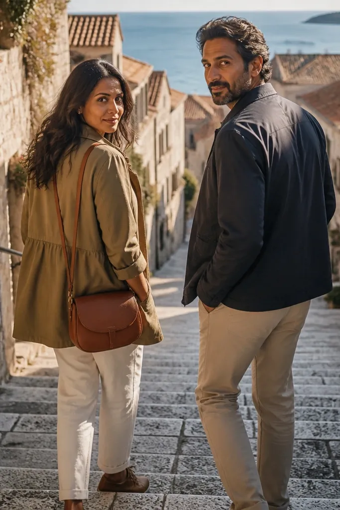 Couple on stone stairs with soft sunset light and architectural lines