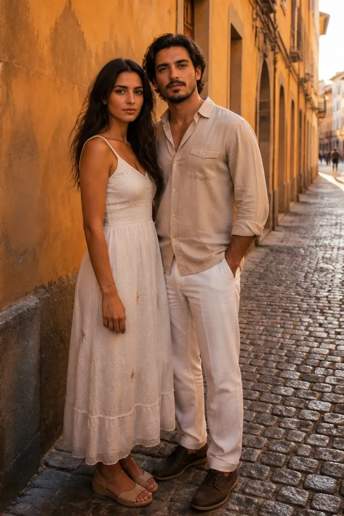 Couple walking on cobblestones beside warm stone walls and windows