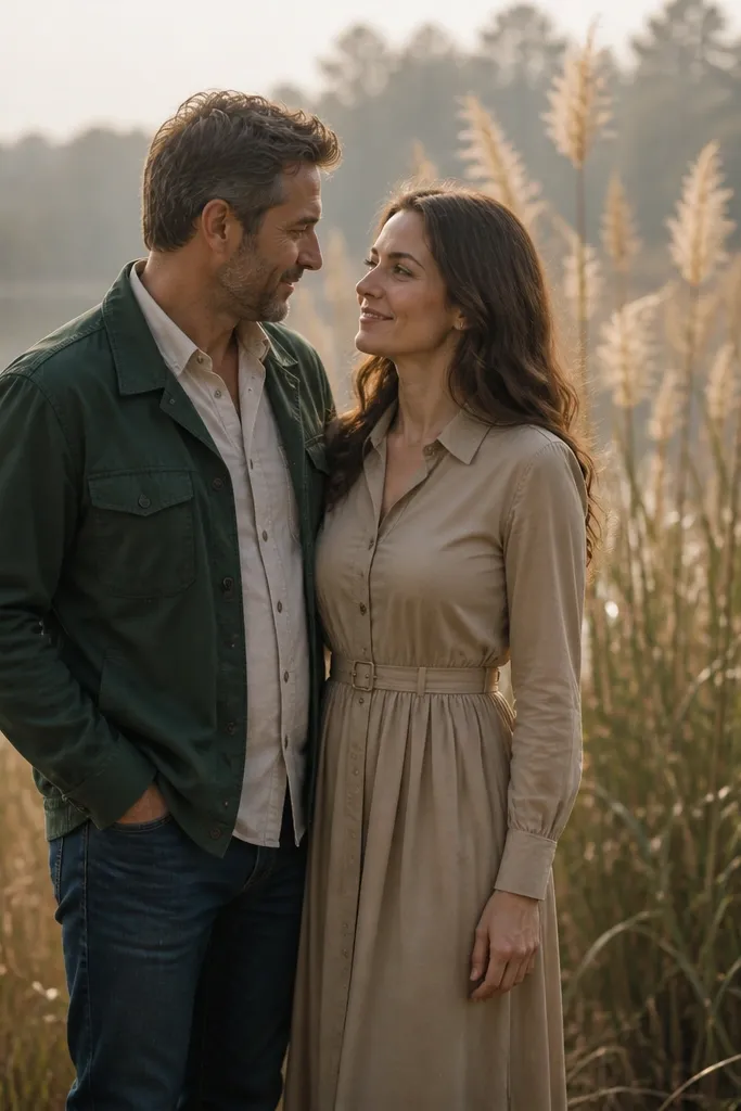Couple standing among tall reeds by a river with soft sunset haze