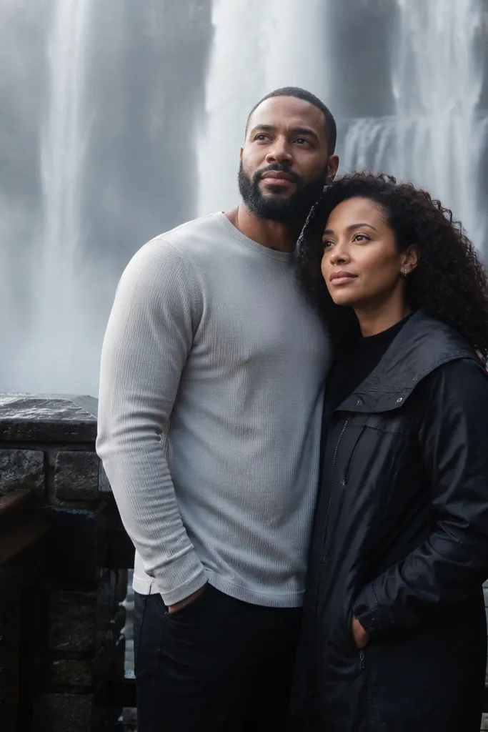 Couple standing near a waterfall with mist and bright water behind