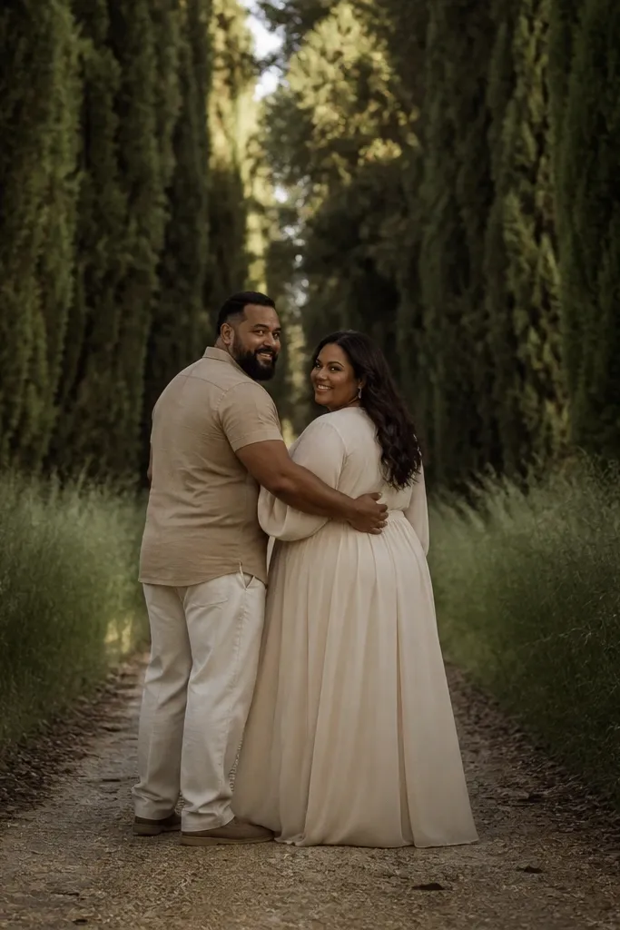 Couple walking down a narrow lane lined with tall cypress or grasses