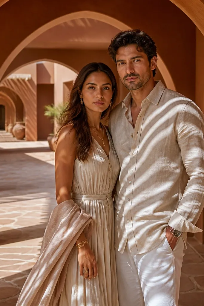 Couple posing in a terracotta courtyard with arch shadows