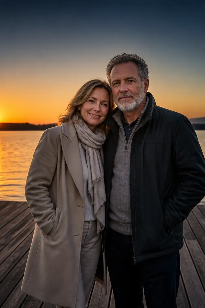 Couple on a boardwalk at sunset with a strong sky gradient