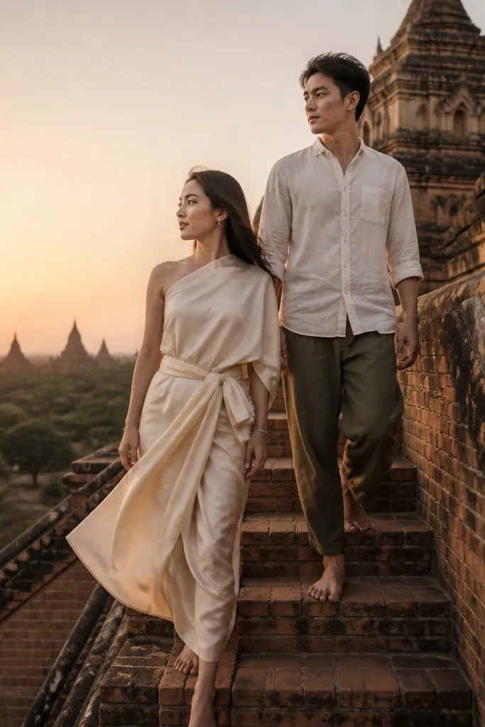Couple in light outfits standing on stone steps at sunrise with temple silhouettes behind