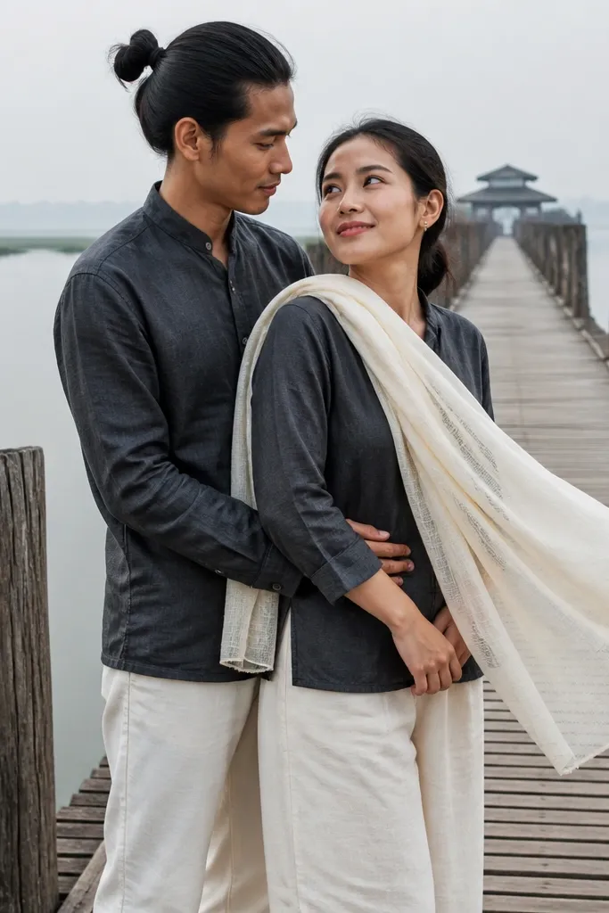 Couple holding hands on a long wooden bridge with water and soft morning haze