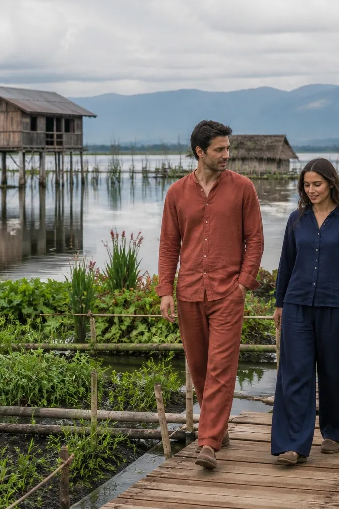 Couple on a wooden walkway by water with floating plants and reflections