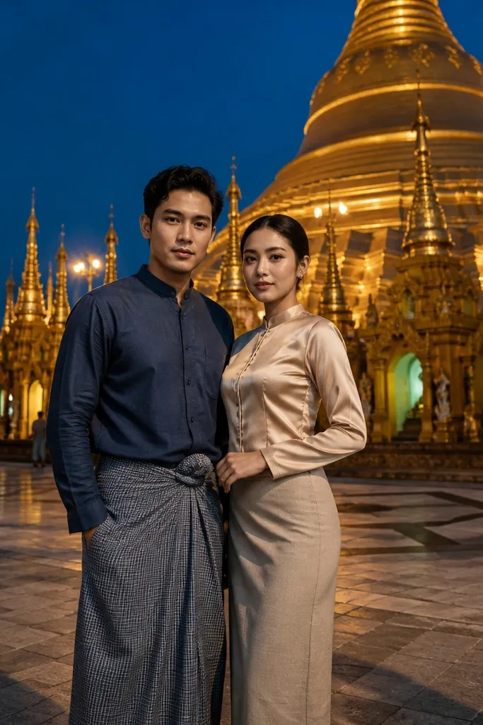Couple in dark and gold tones near pagoda lights with night sky glow