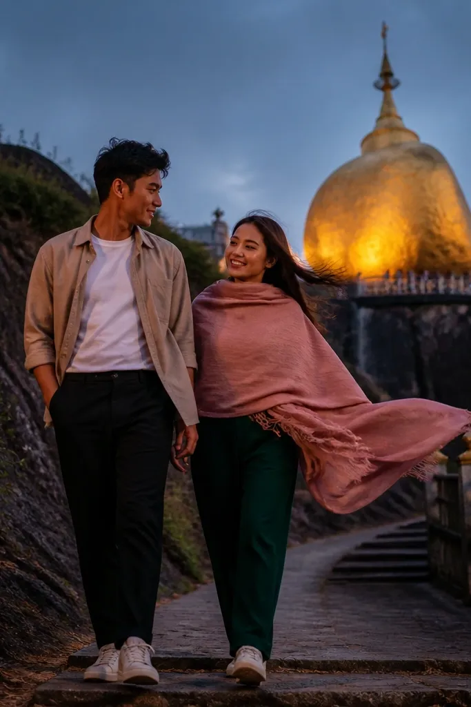 Couple walking on a viewpoint path with golden rock glow in the distance