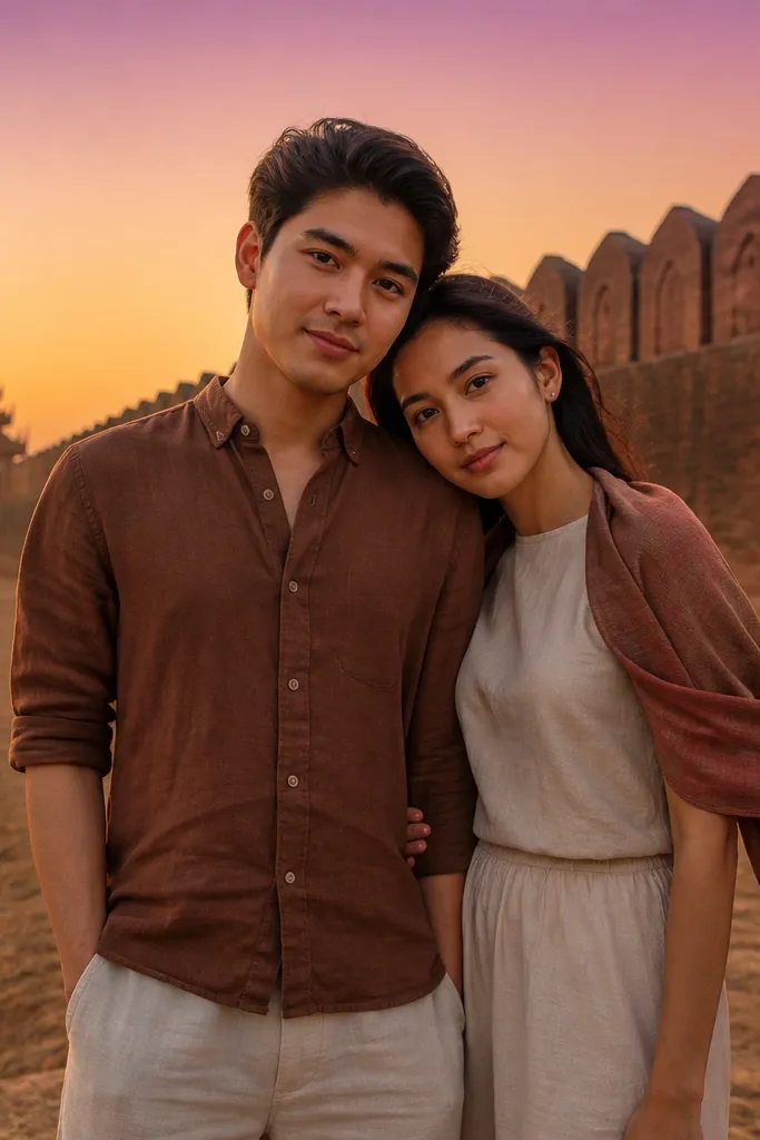 Couple leaning against pale palace walls with sunset sky behind