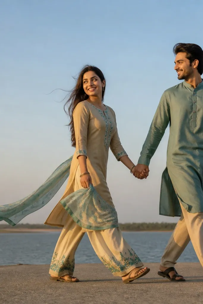 Couple walking along a riverbank with blurred water and open sky