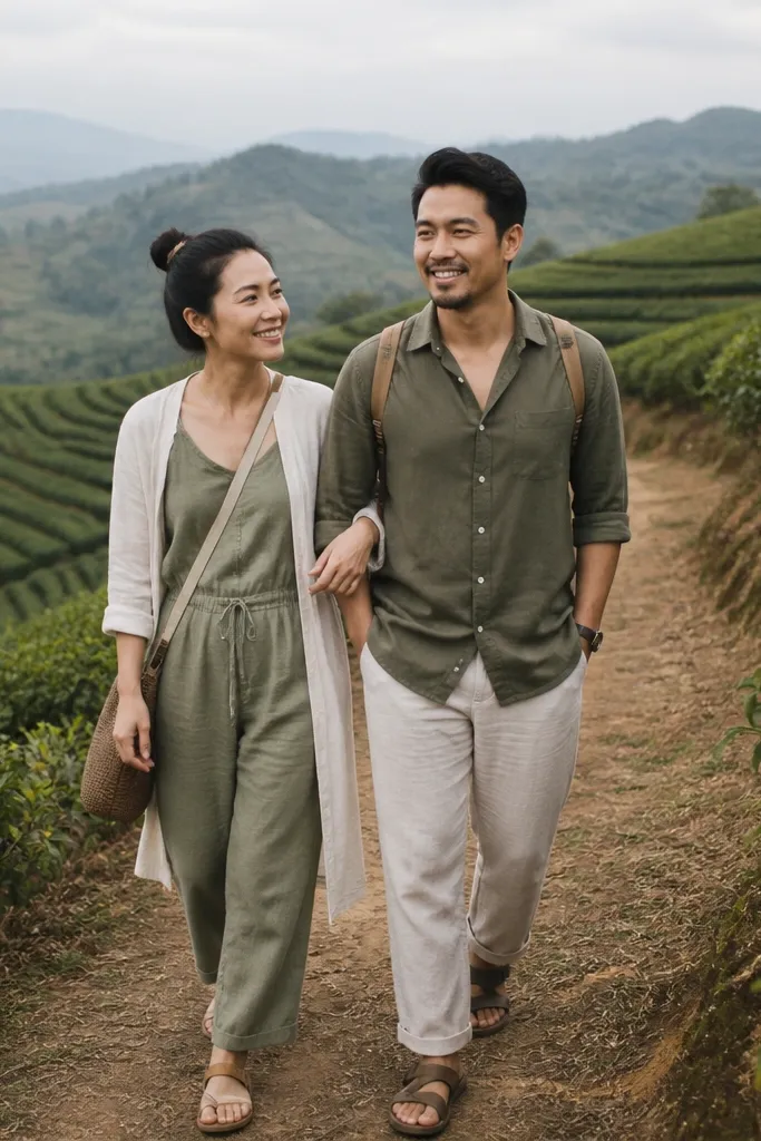 Couple standing on a hillside path with terraced greenery behind