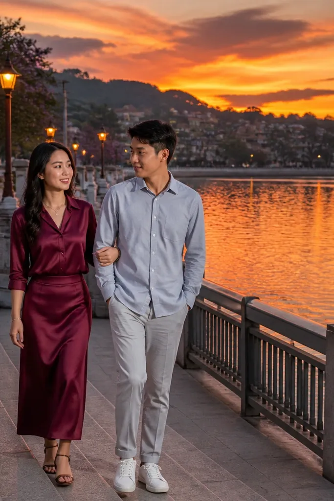 Couple strolling by a lake promenade with sunset glow and distant buildings