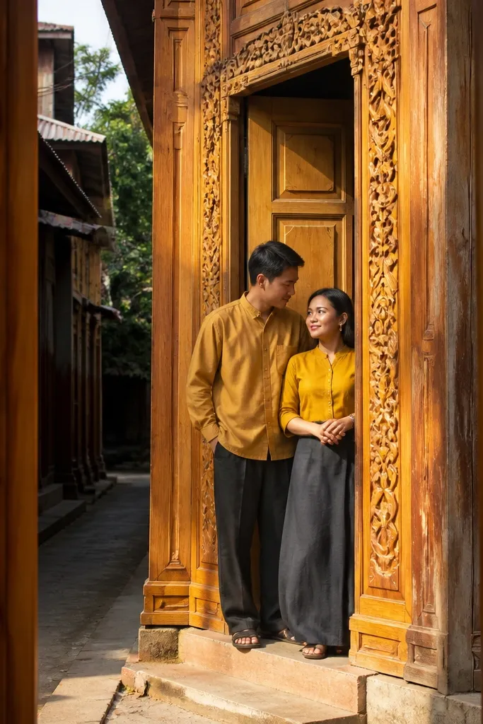 Couple posing in front of a teak wooden doorway with warm afternoon light