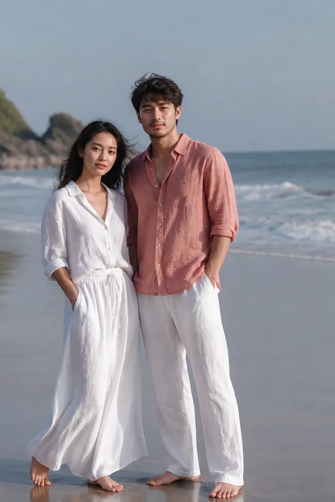 Couple walking barefoot on wet sand with soft waves and pale sunrise sky