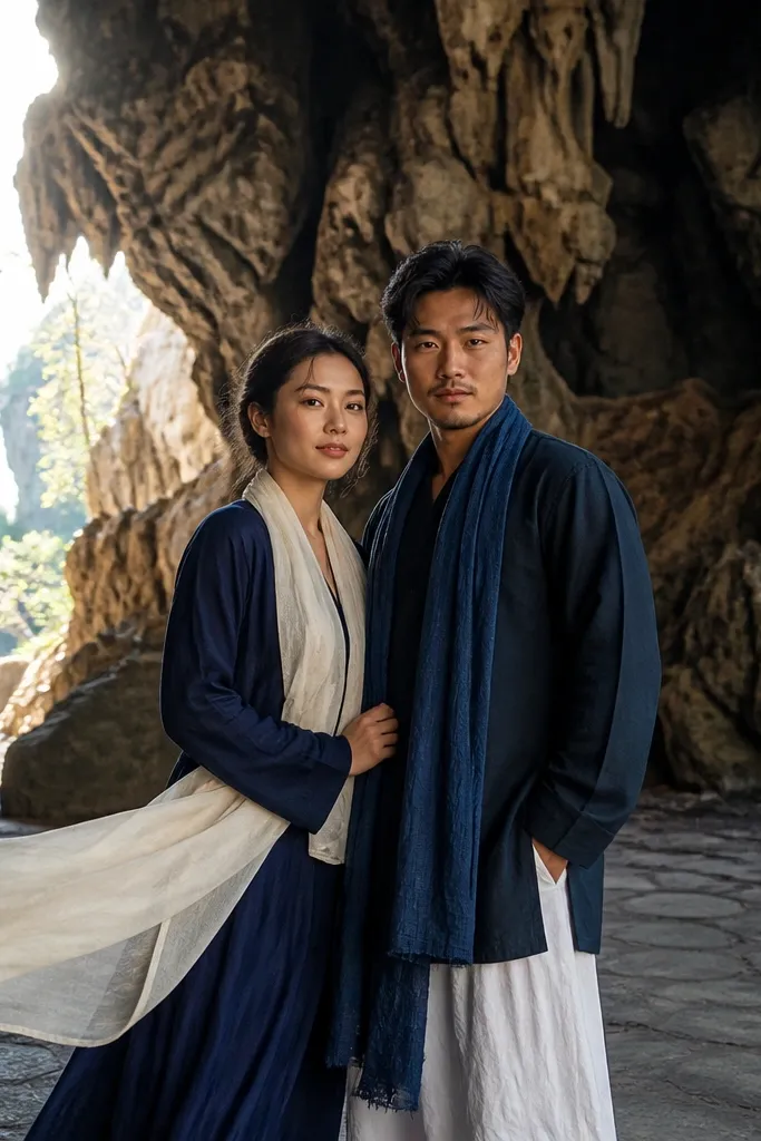 Couple standing at a cave entrance with limestone walls and sunlit dust