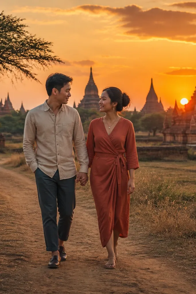 Couple walking on a dirt path with pagoda silhouettes stretching across the horizon
