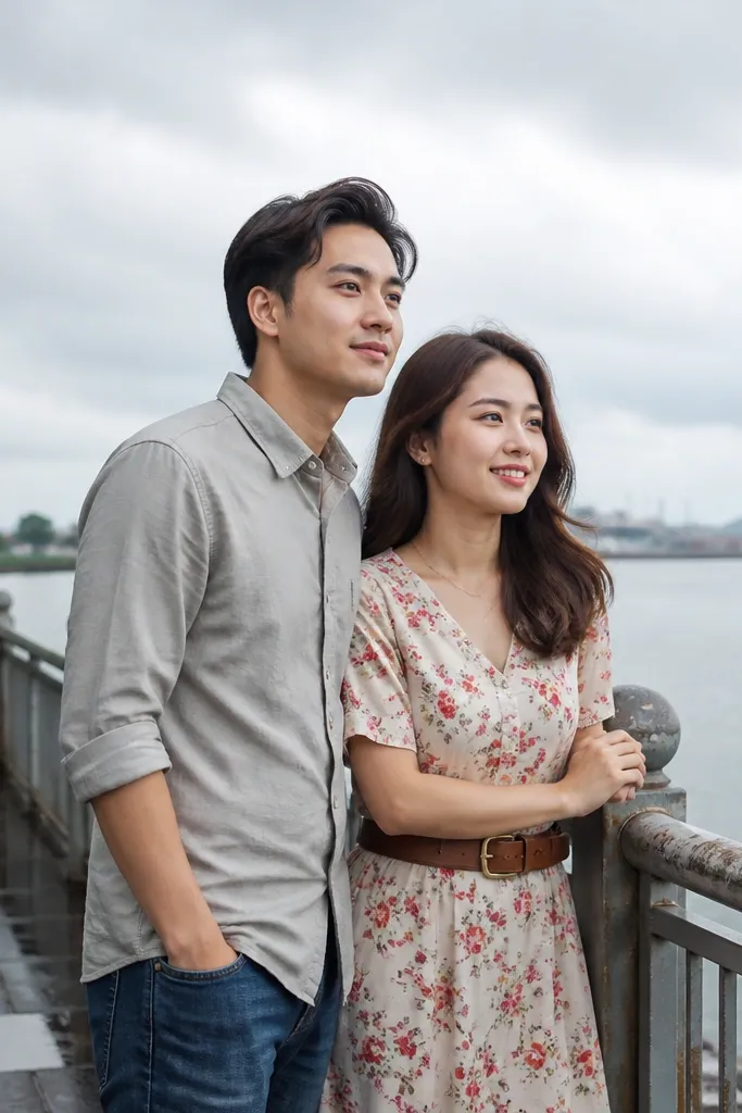 Couple standing by a waterfront railing with cloudy sky and calm water